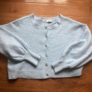 Zara Cardigan Cropped Sweater Medium Light Blue